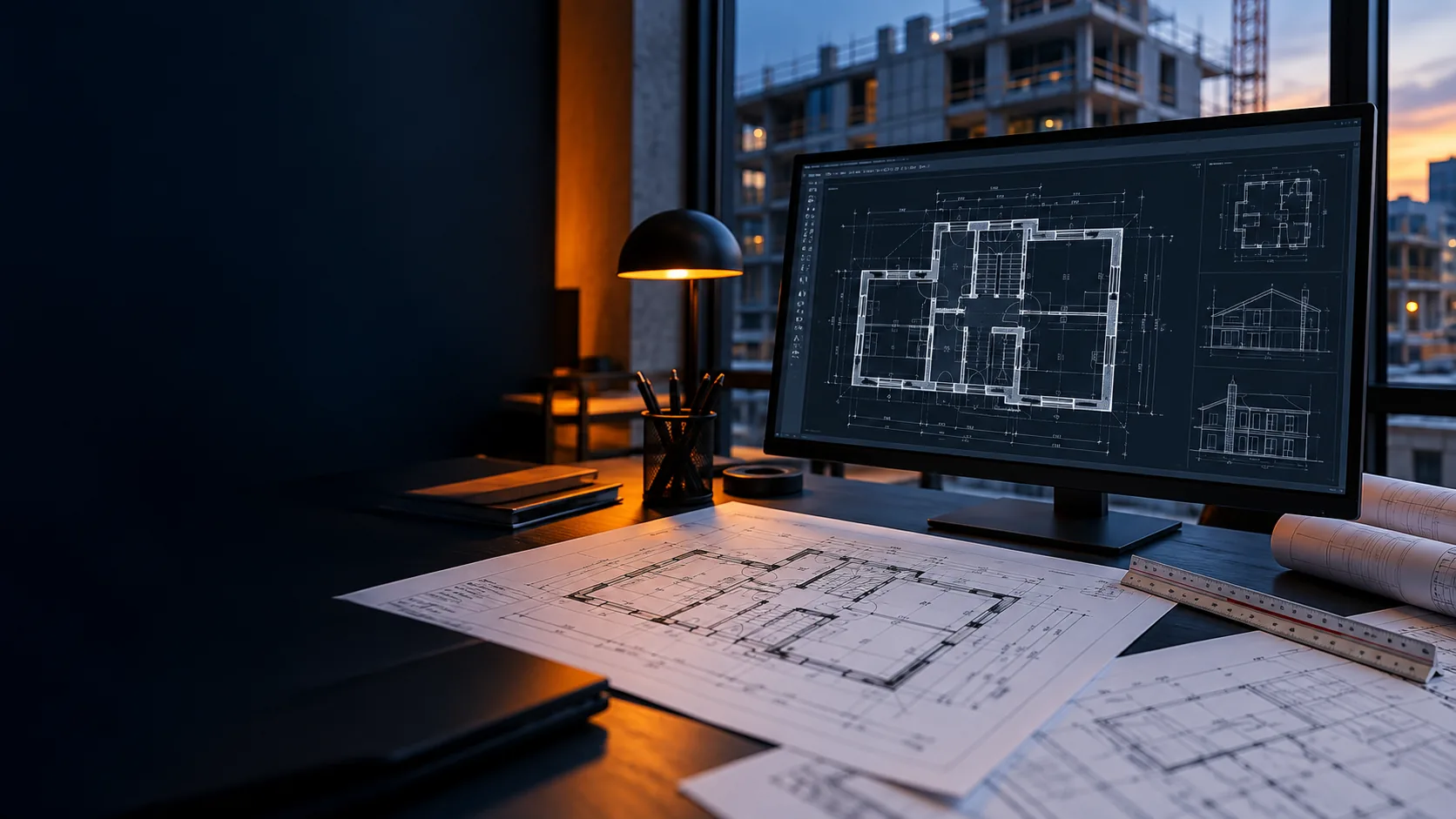 CAD-Arbeitsplatz mit Grundriss und Bestandsplänen