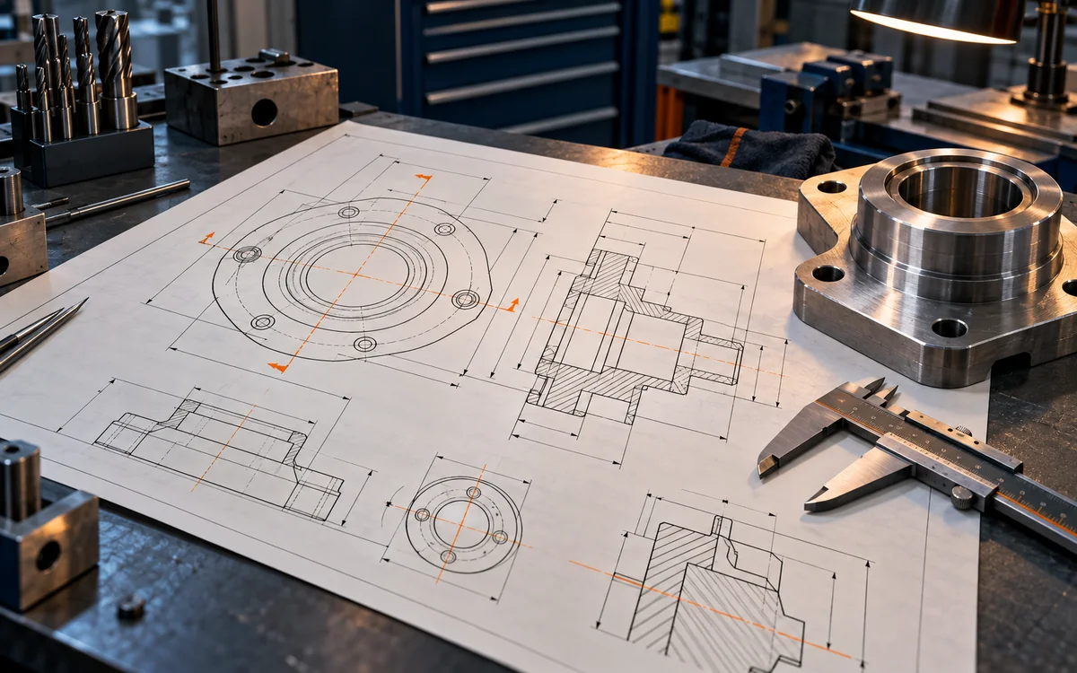 Technische CAD-Darstellung mit standardisierten Bauteilen und Zeichnungsrahmen