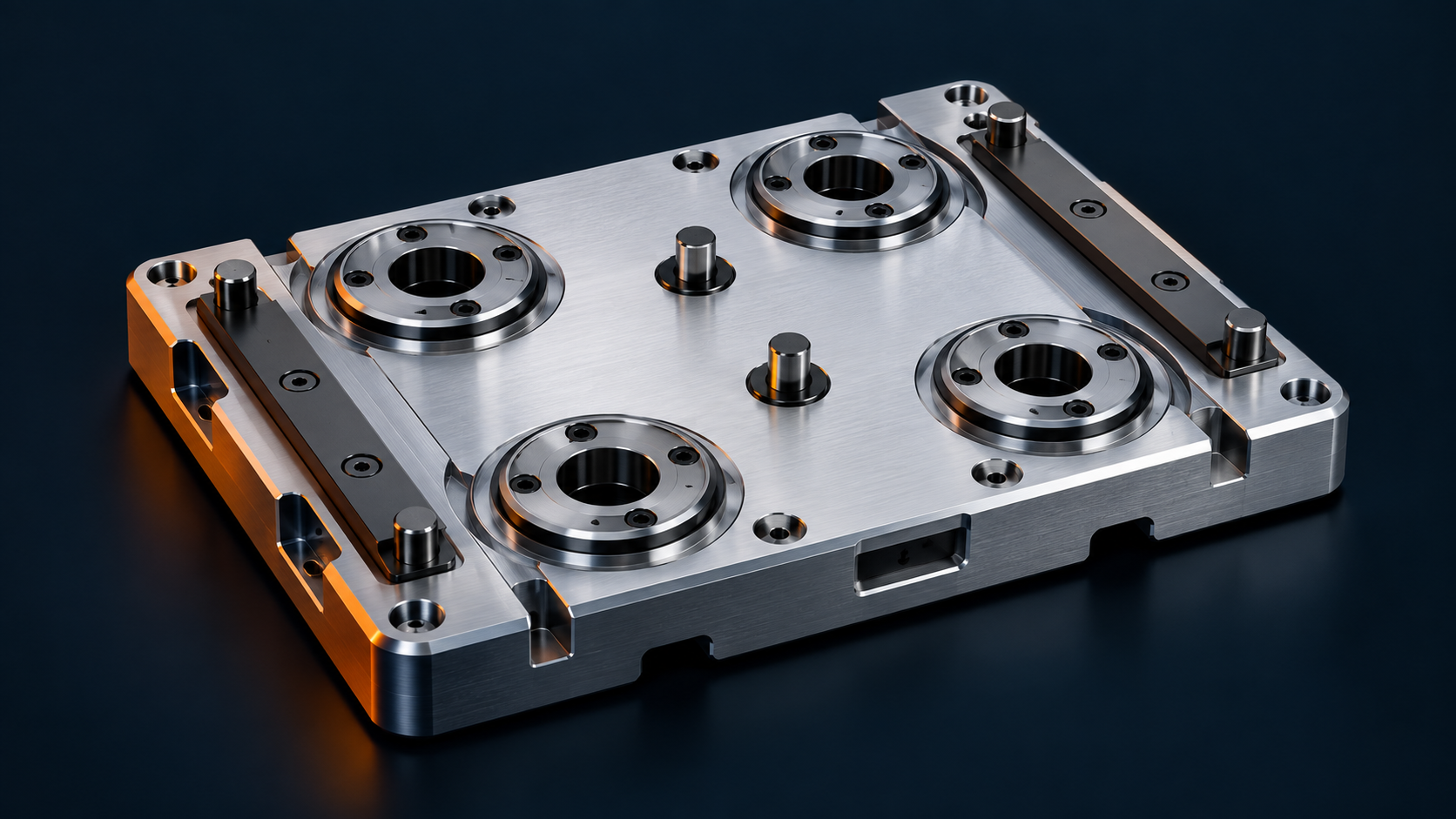 Illustrative CAD-Visualisierung einer Nullpunkt-Spannvorrichtung aus Aluminium mit Stahl-Führungselementen