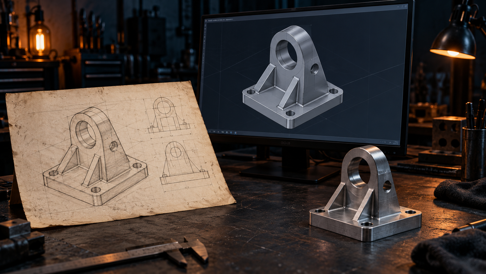 Illustrative Darstellung einer Handskizze, eines parametrischen CAD-Modells und eines Metallbauteils