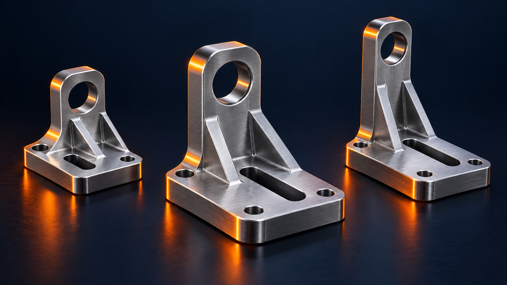 Drei Varianten eines parametrisch konstruierten Aluminiumhalters mit veränderten Abmessungen auf dunklem Hintergrund